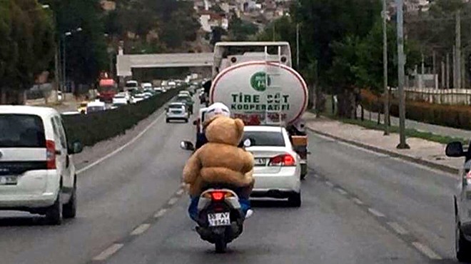 Motosiklet sürücüsünün oyuncak ayıyla ilginç yolculuğu