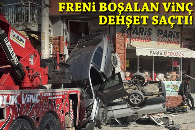 İzmir'de freni boşalan vinç dehşet saçtı: Otomobilleri sürükleyip iş yerine girdi!