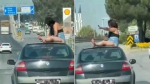Seyir halindeki aracın kaputuna oturdu!